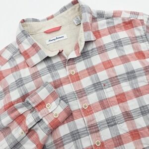Tommy Bahama Men's L Red Plaid Flannel Button Down Long Sleeve Shirt Logo Pocket